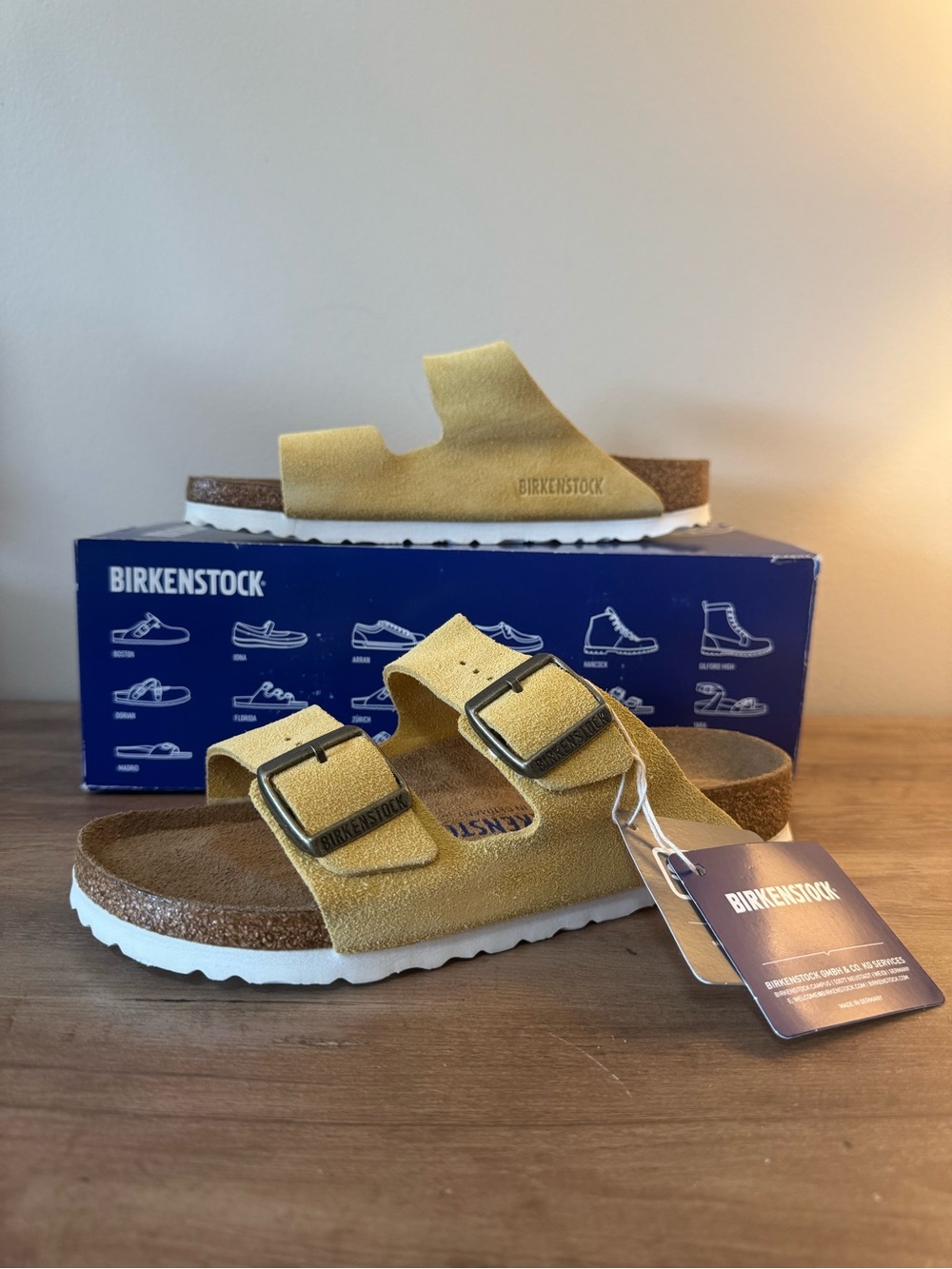 NWT Suede Birkenstock Arizona Soft Footbed Sandals in “Ochre” Color